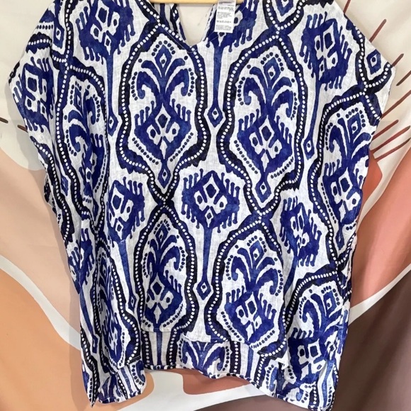 Artsy Chicos Womens 100% Linen Ikat Printed Poncho Beach Top White Blue S/M Boho - Picture 2 of 10